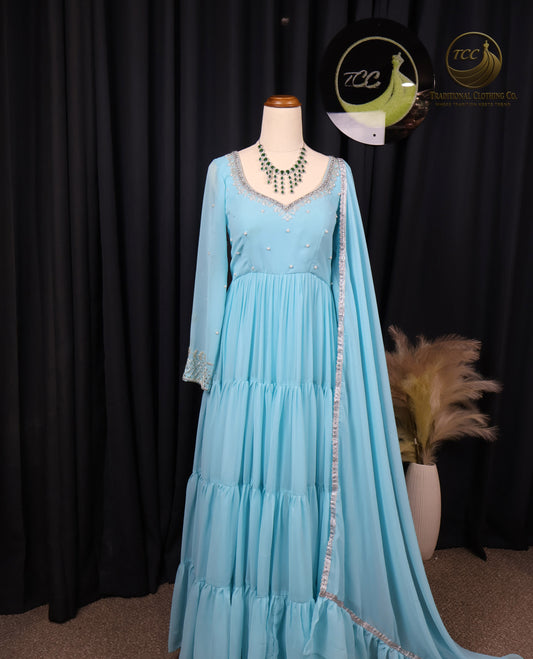 Elegant Light Blue Layered Gown with Lace-Up Back & Tassel Detailing – Festive & Occasion Wear