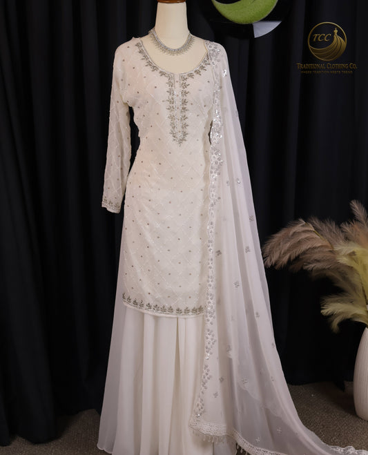 Peach Embroidered Sharara Set with Matching Bottom & Dupatta – Elegant Festive & Casual Wear