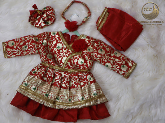 Traditional 4-Piece Pasni Set – Embroidered Festive Wear with Matching Shoes & Headband | Red and Golden colour