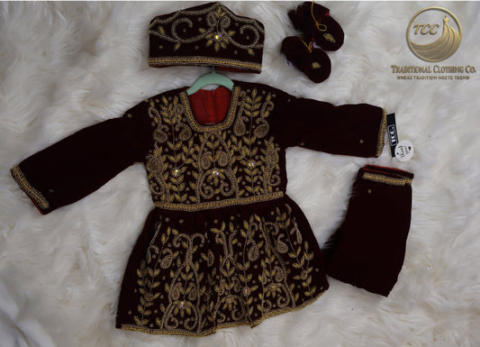 Red Maroon 4-Piece Pasni Set – Embroidered Festive Wear with Matching Topi & Shoes
