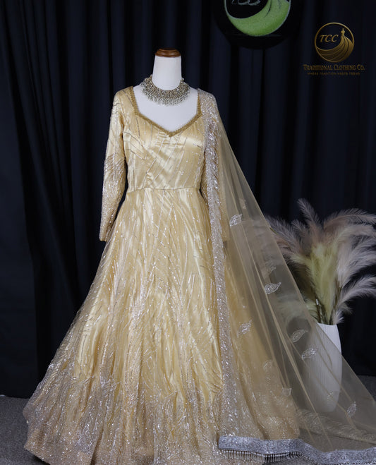 Gold Embroidered Heavy work Gown with Matching Dupatta – Elegant Festive & Formal Wear