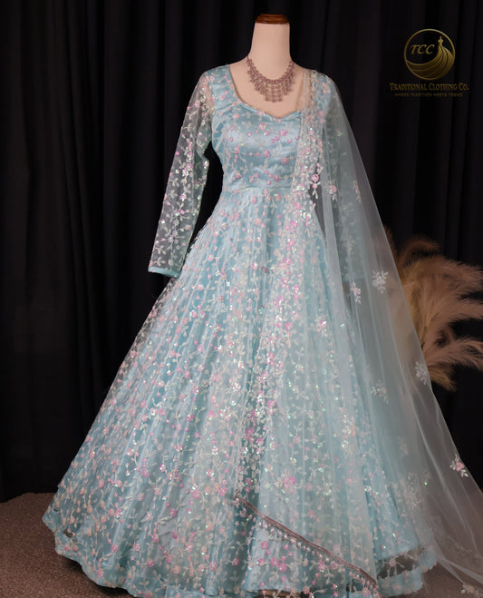 Elegant Light Blue Floral Embroidered Gown – Sequined Evening Dress | Boutique edition