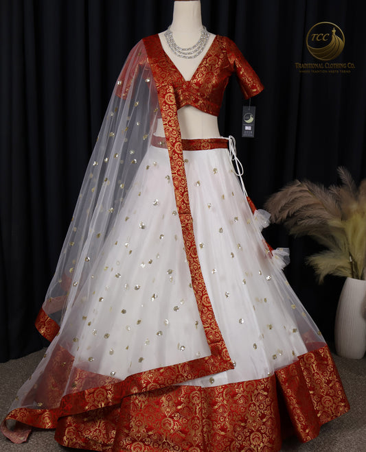 Traditional Red and White Embroidered Lehenga Choli – 3-Piece Set with Dupatta