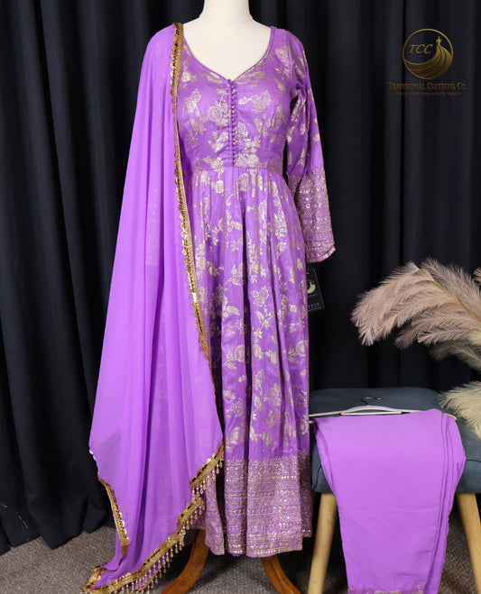 Royal Purple and Gold Embroidered Anarkali Set – 3-Piece Traditional Ensemble
