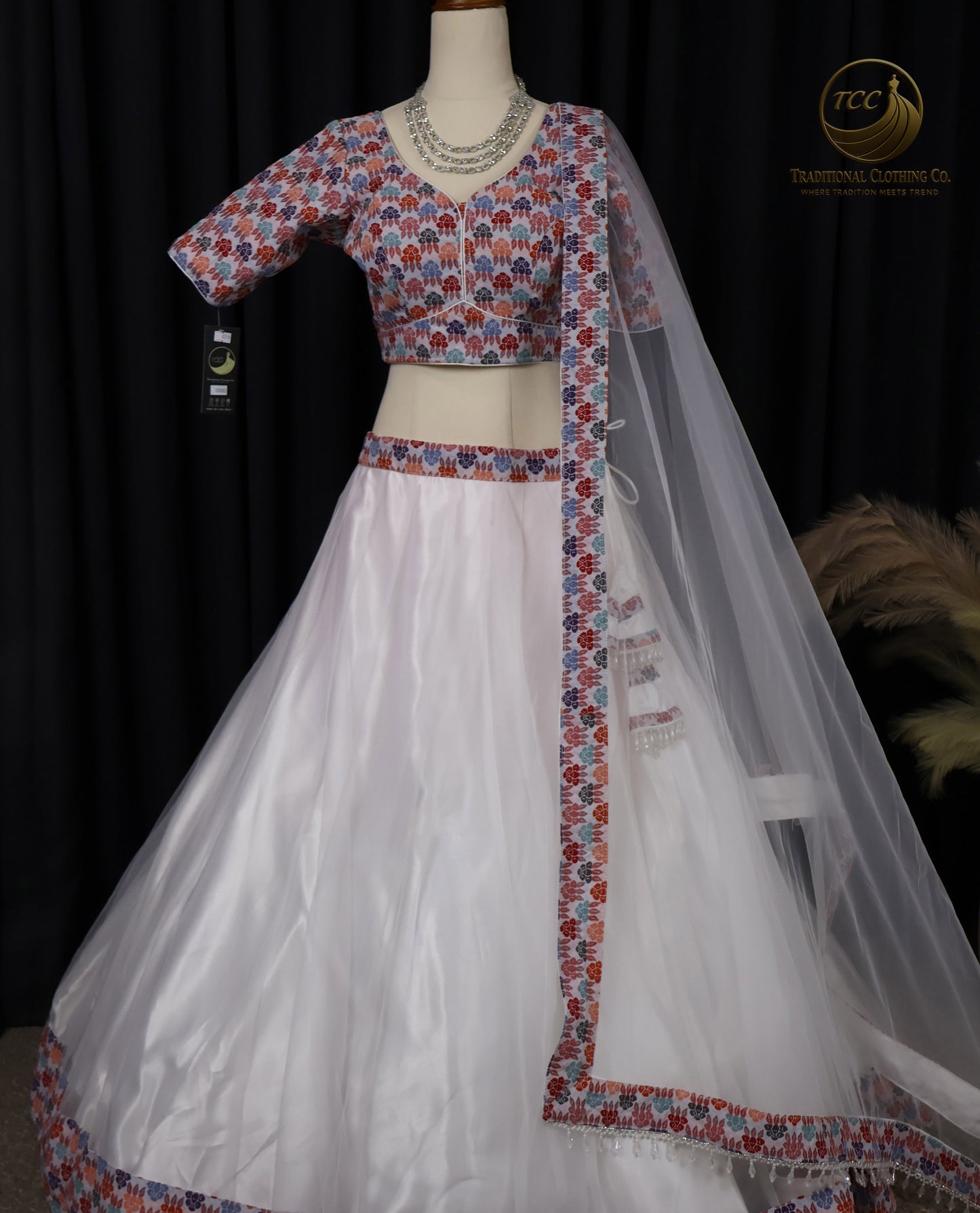 Dhaka Border White Lehenga Choli with Sheer Dupatta – Festive & Bridal Wear | TCC Traditional Clothing Co.