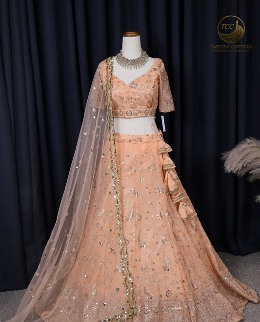 Elegant Peach Embroidered Lehenga Choli – 4-Piece Set with Dupatta & Matching Potli Bag