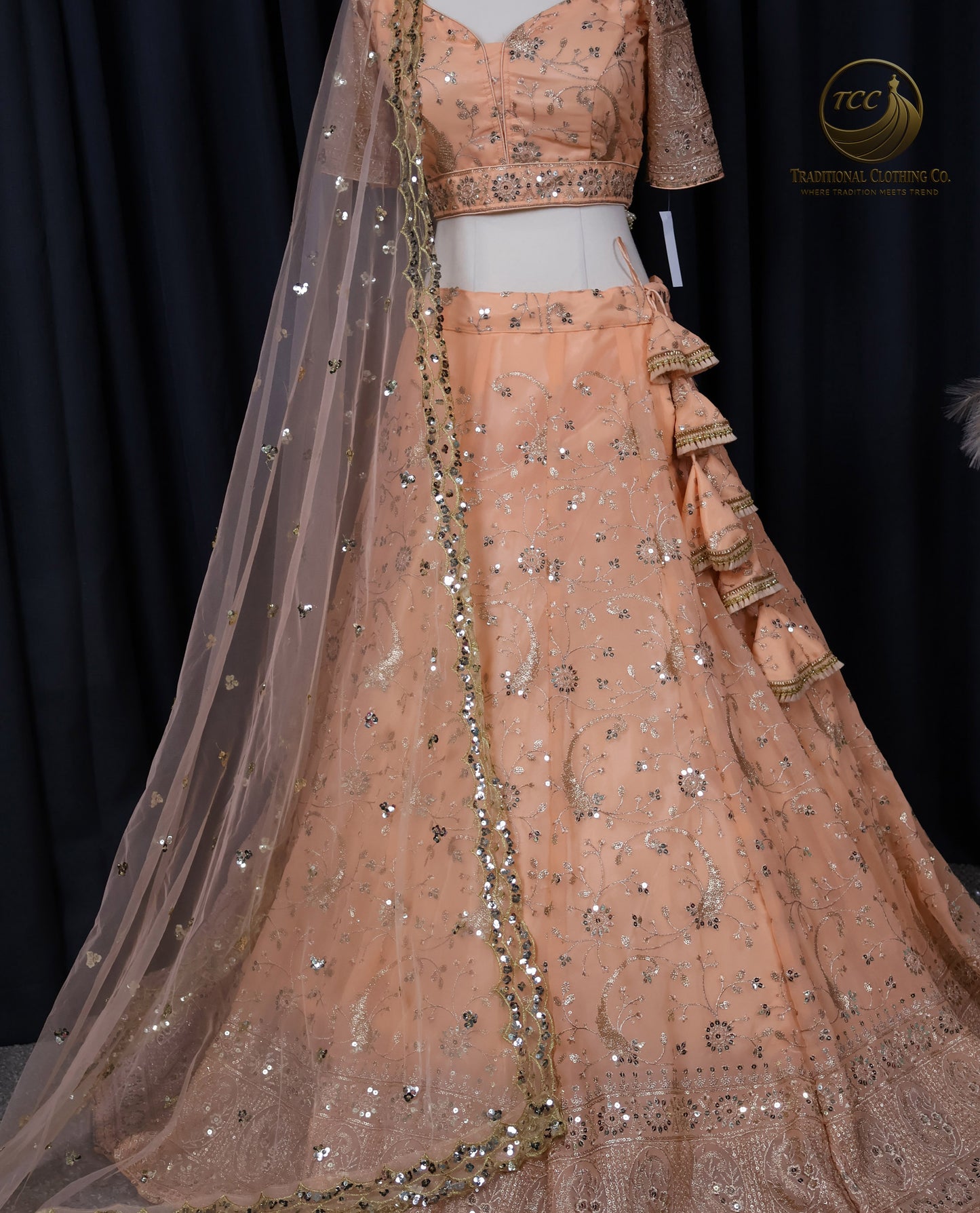Elegant Peach Embroidered Lehenga Choli – 4-Piece Set with Dupatta & Matching Potli Bag