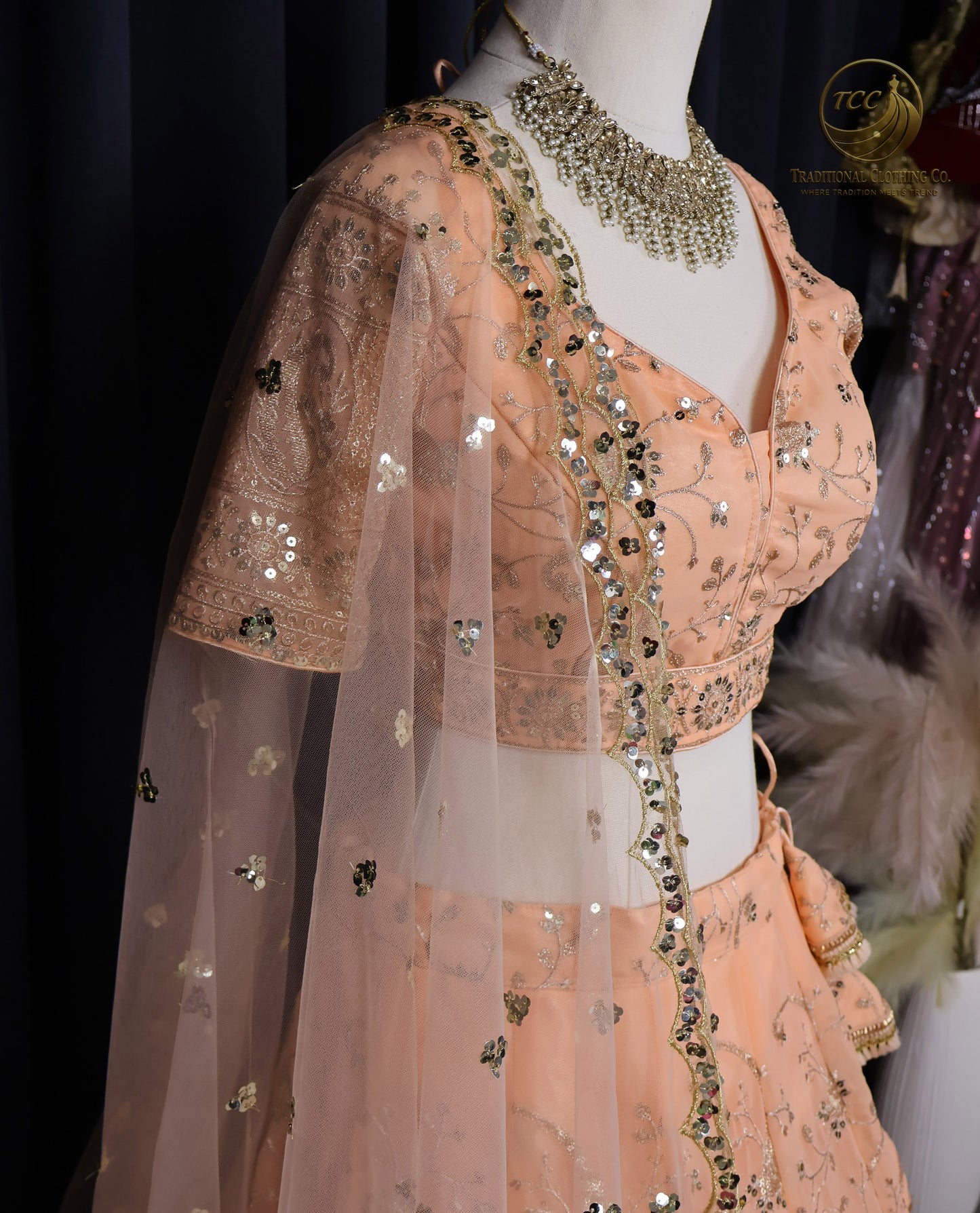 Elegant Peach Embroidered Lehenga Choli – 4-Piece Set with Dupatta & Matching Potli Bag