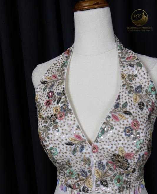 Embroidered and Threadwork Halter Blouse – Intricate Floral Design with Beaded Hem