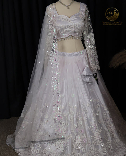 Elegant White and Silver Embroidered Lehenga Choli – 3-Piece Set with Dupatta