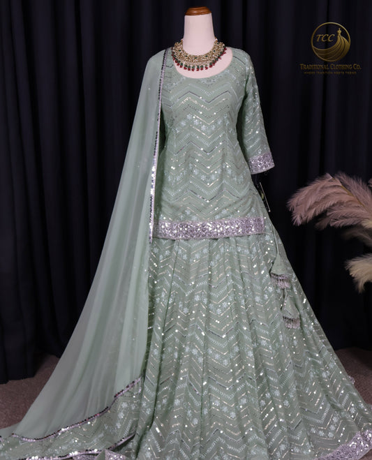 Mint Green Chevron Sequin Lehenga Set with Blouse and Dupatta