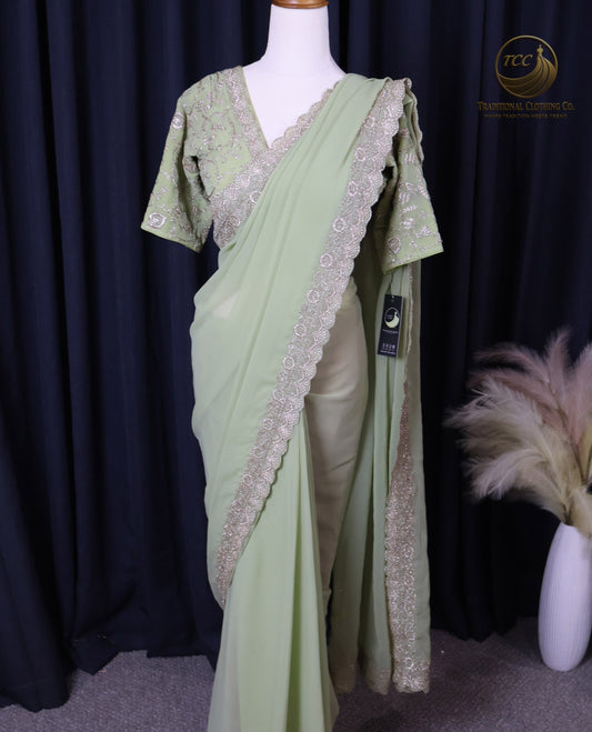 Elegant Green Embroidered Traditional Ready to wear Saree Set – Festive Wear for Women | 2-Piece Ethnic Dress