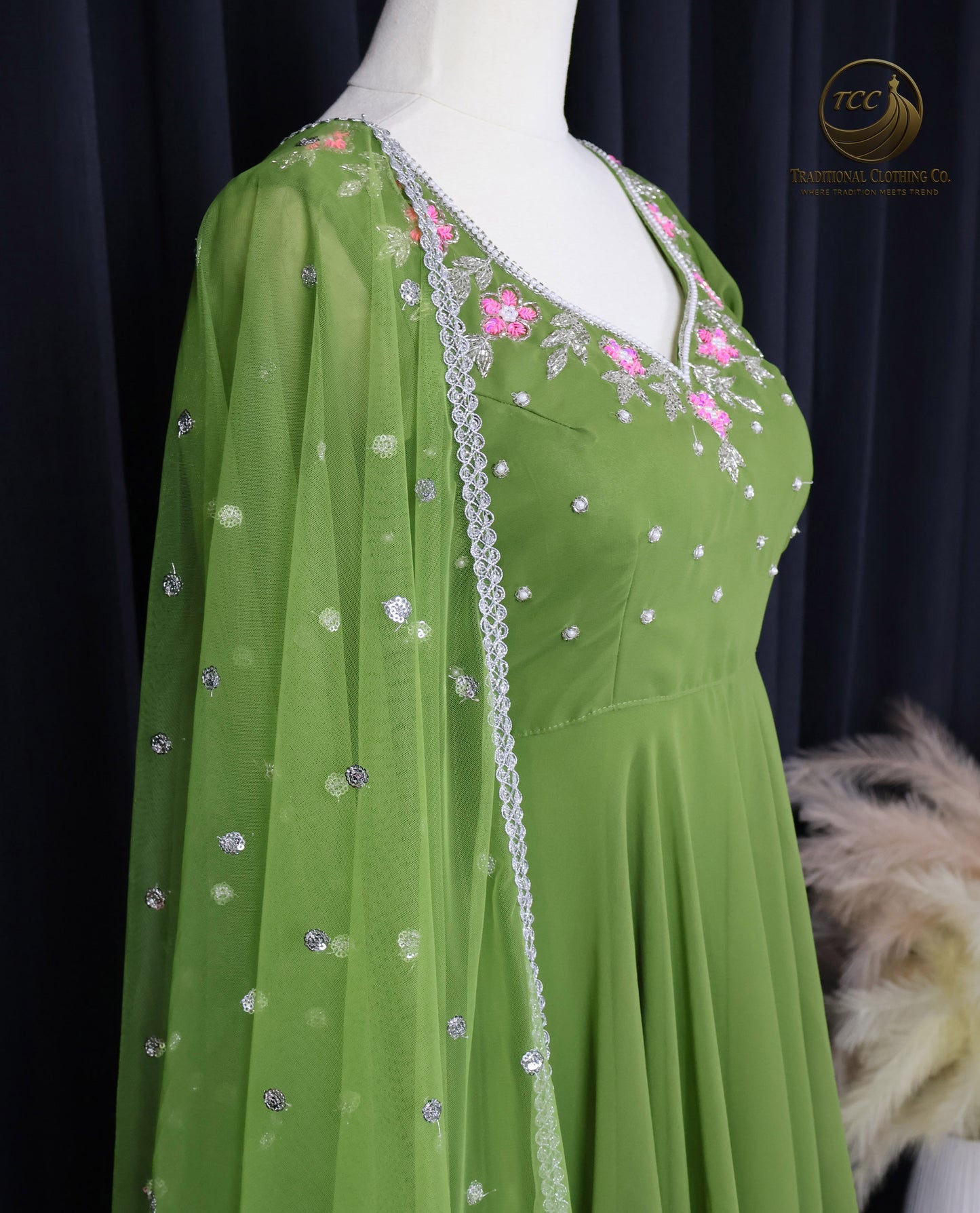 Elegant Green Embroidered Traditional Anarkali Set with Dupatta – Formal 3-Piece Women’s Wear | Boutique Edition