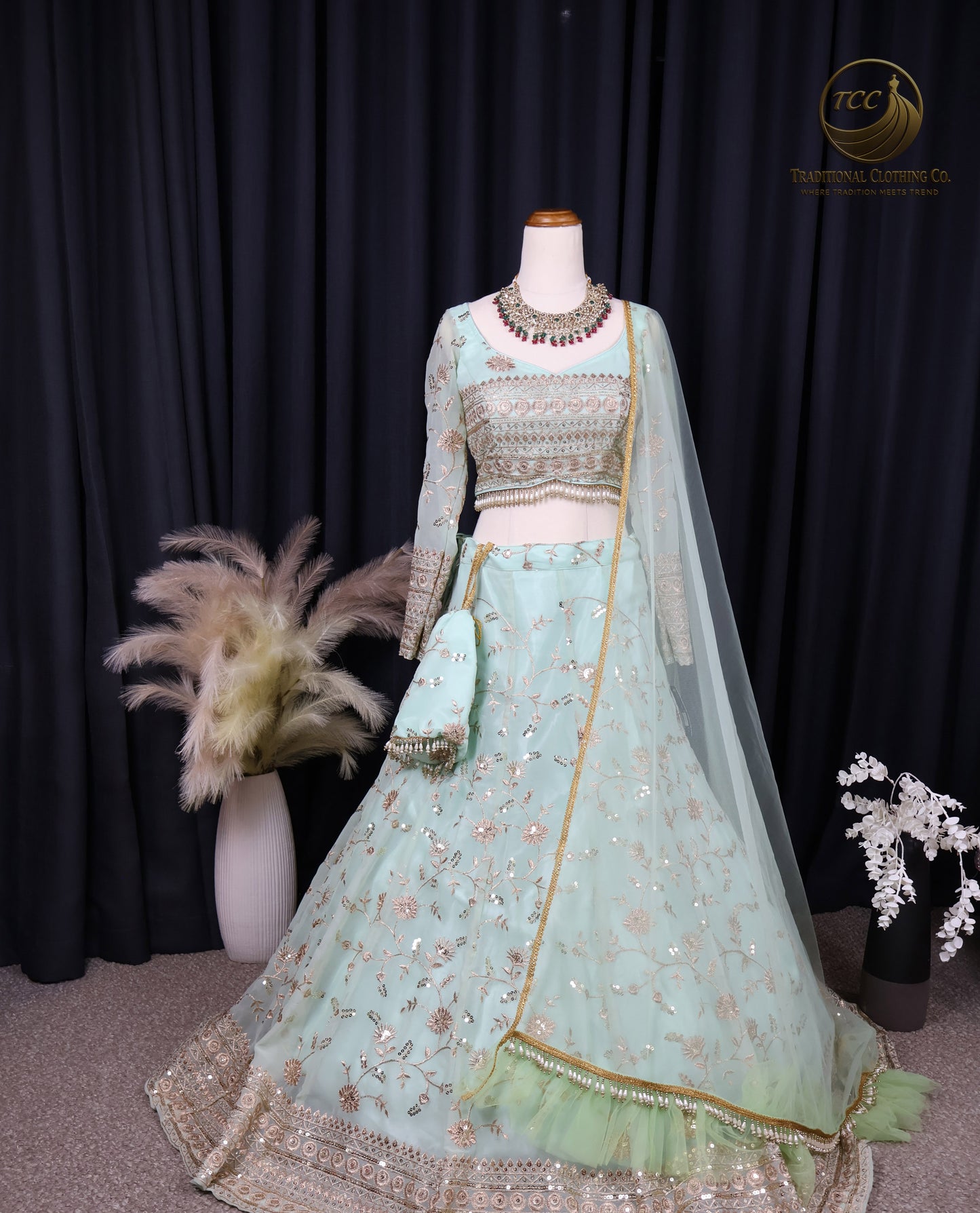 Elegant Light Green & Gold Embroidered Lehenga Choli with Sheer Dupatta – Traditional Festive Wear