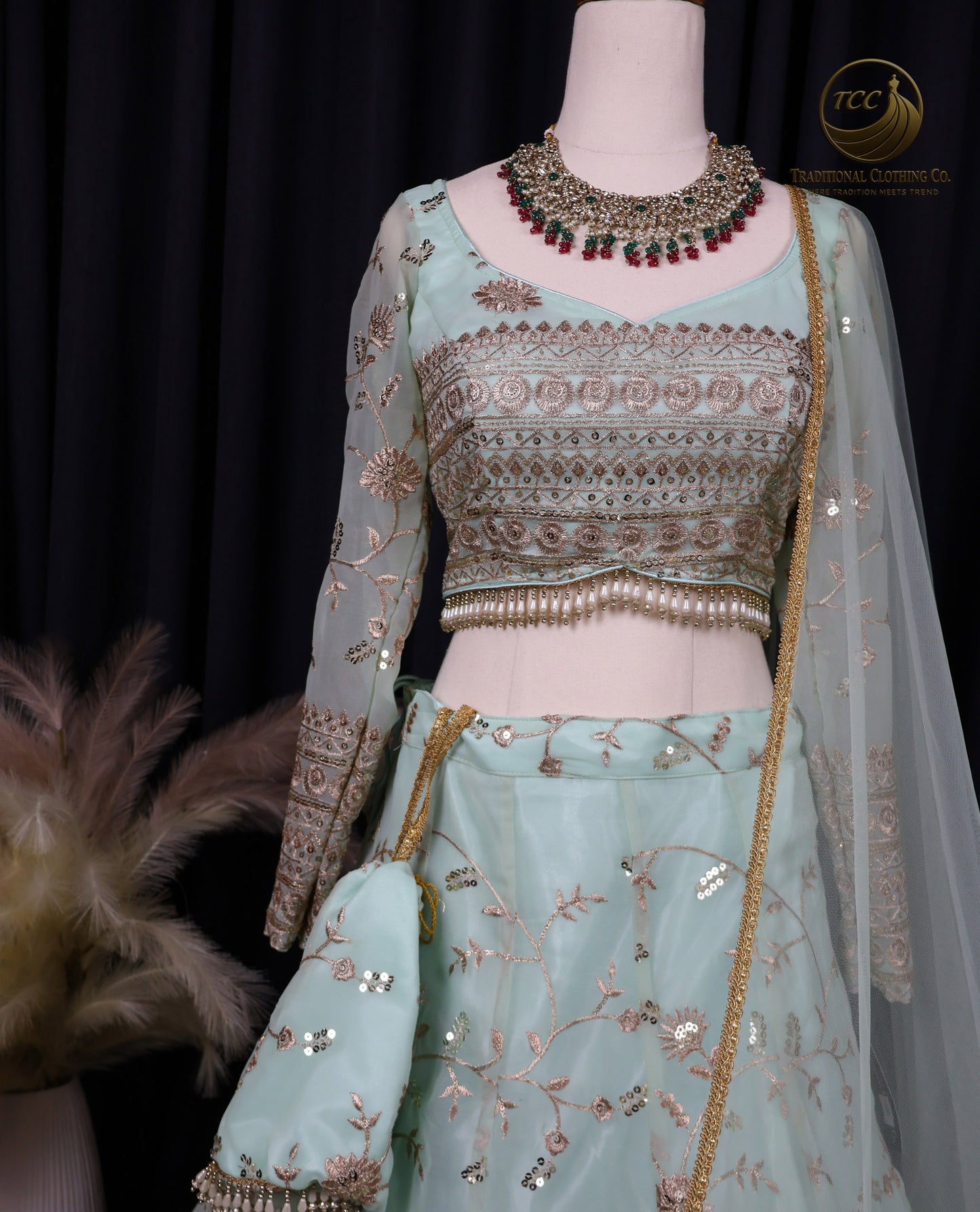 Elegant Light Green & Gold Embroidered Lehenga Choli with Sheer Dupatta – Traditional Festive Wear