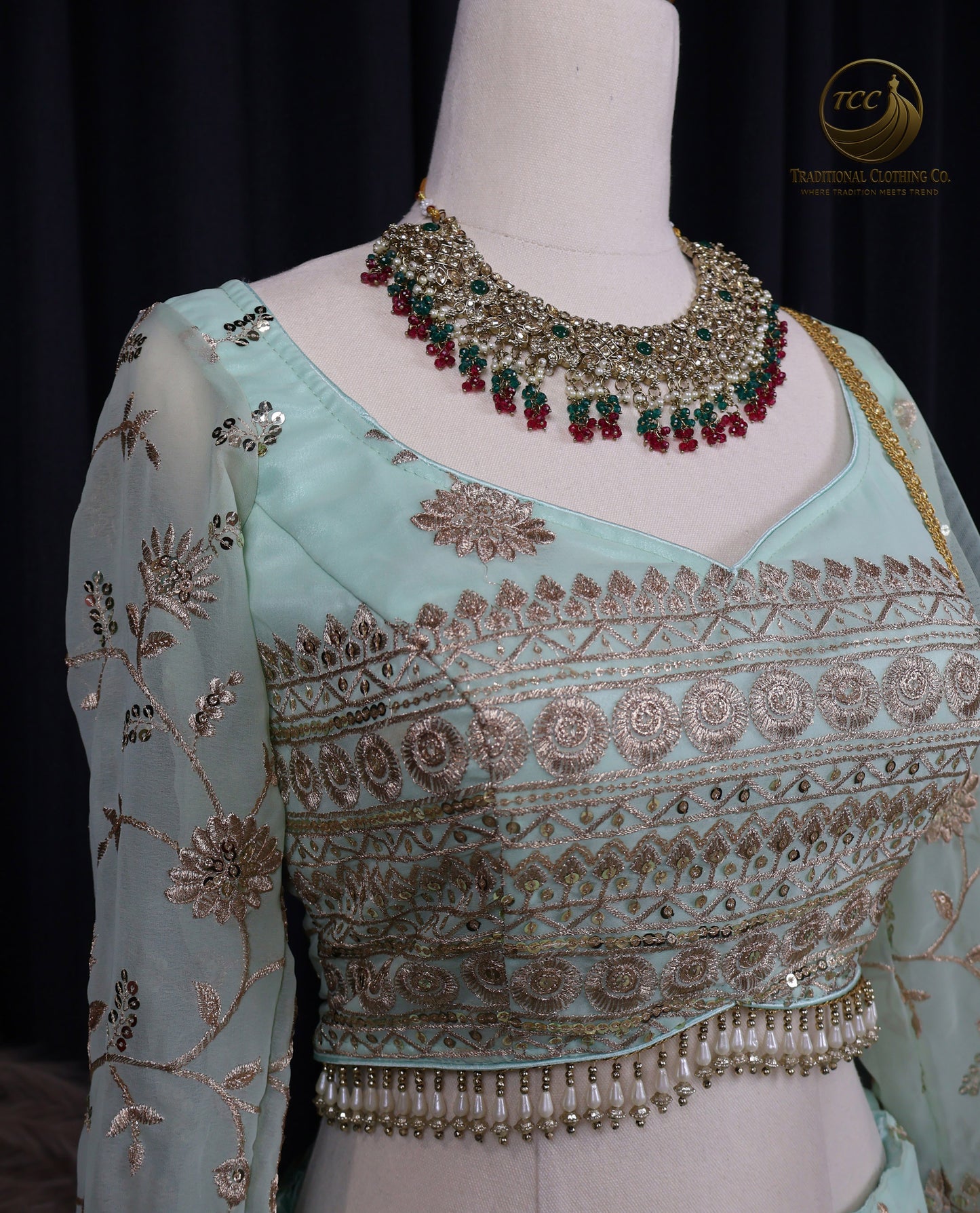 Elegant Light Green & Gold Embroidered Lehenga Choli with Sheer Dupatta – Traditional Festive Wear