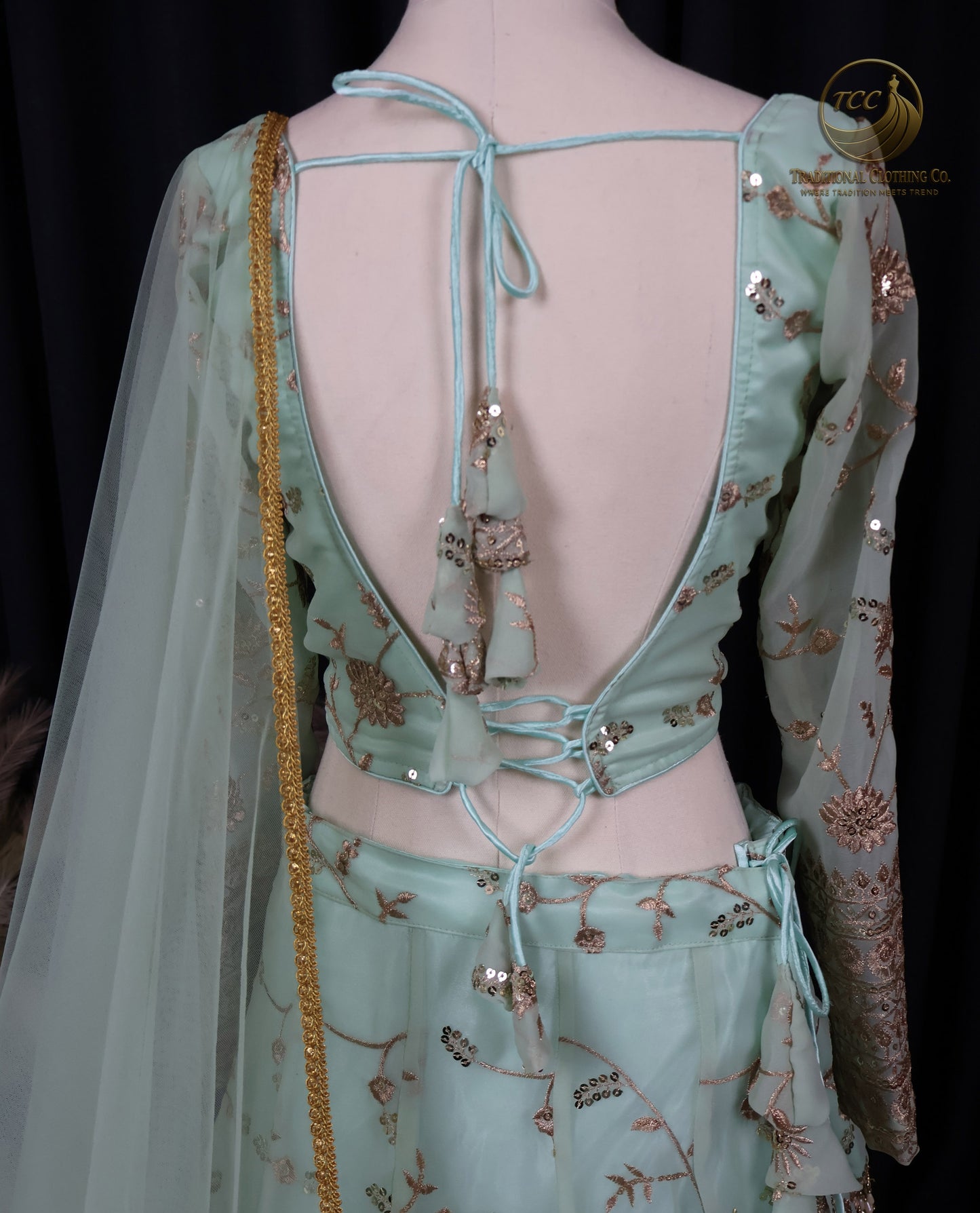Elegant Light Green & Gold Embroidered Lehenga Choli with Sheer Dupatta – Traditional Festive Wear