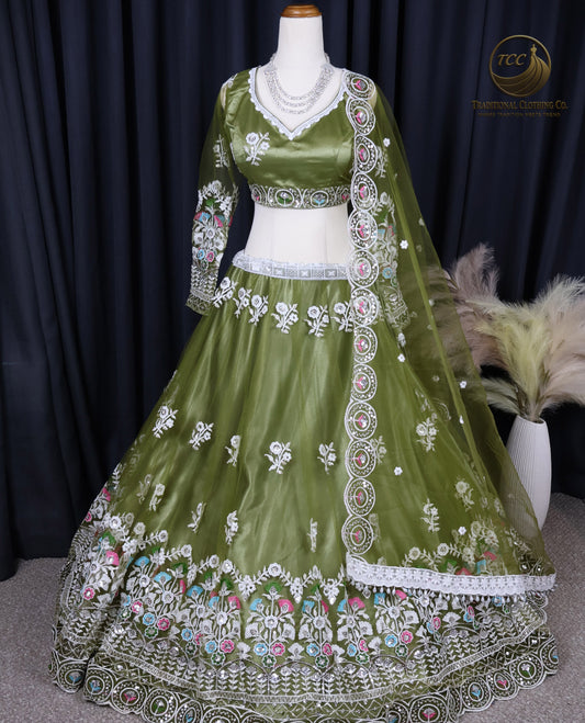 Elegant Olive-Green Lehenga Choli with Intricate Floral Embroidery – Traditional Festive Wear