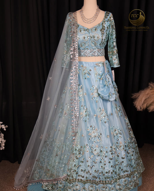 Elegant Light Blue Lehenga Choli with Intricate Sequin & Embroidery – Traditional Festive Wear