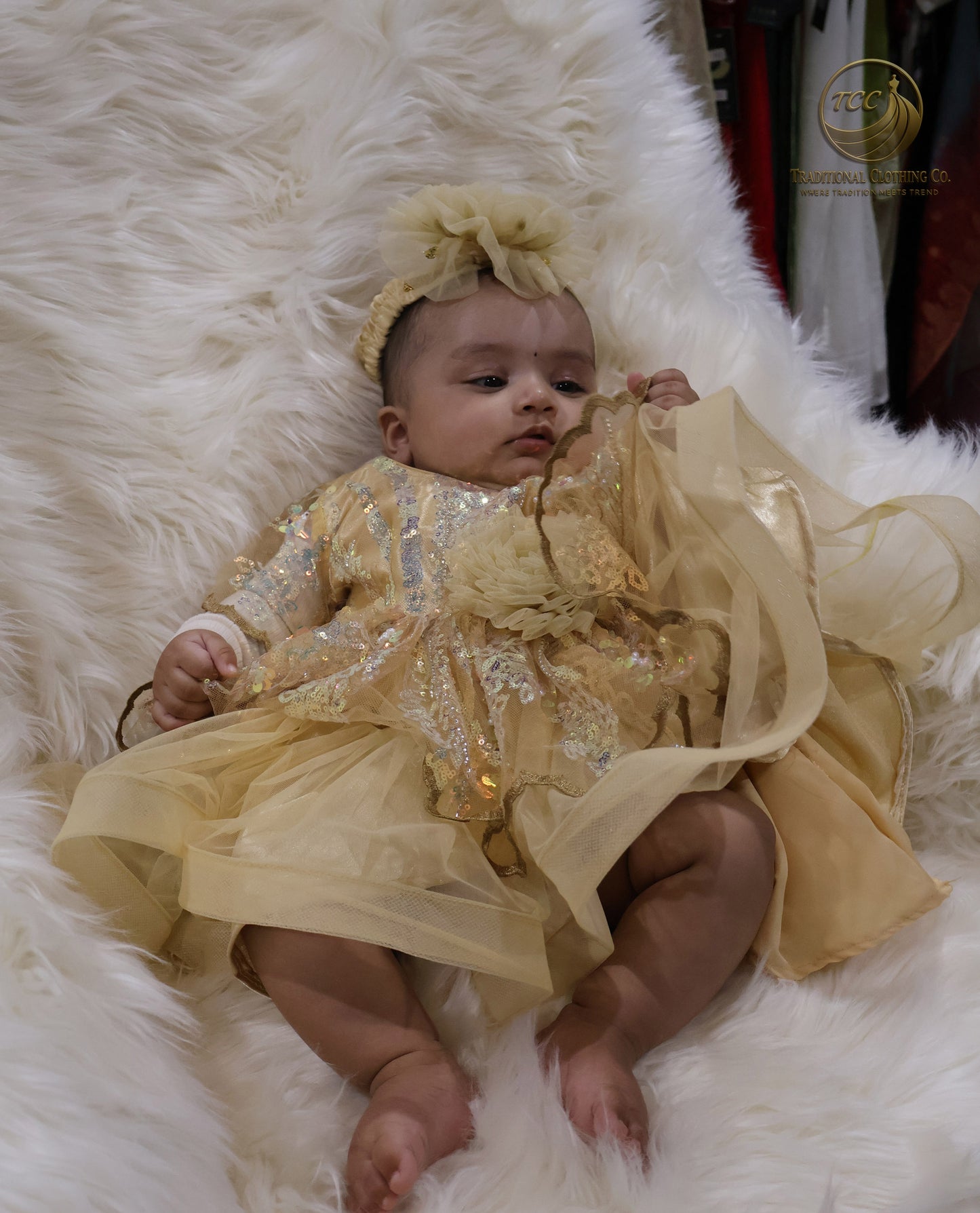 Luxury Golden Baby Dress with Sparkling Sequins & Layered Tulle – Boutique Edition