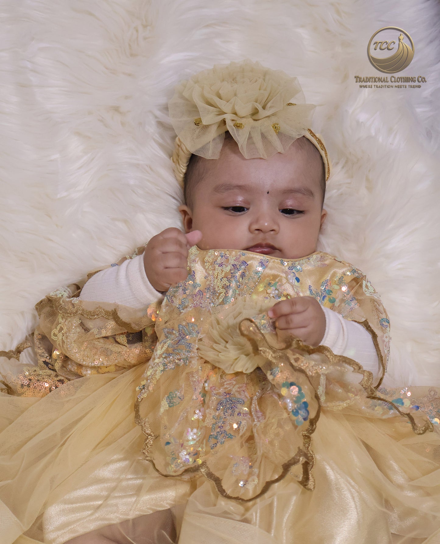 Luxury Golden Baby Dress with Sparkling Sequins & Layered Tulle – Boutique Edition