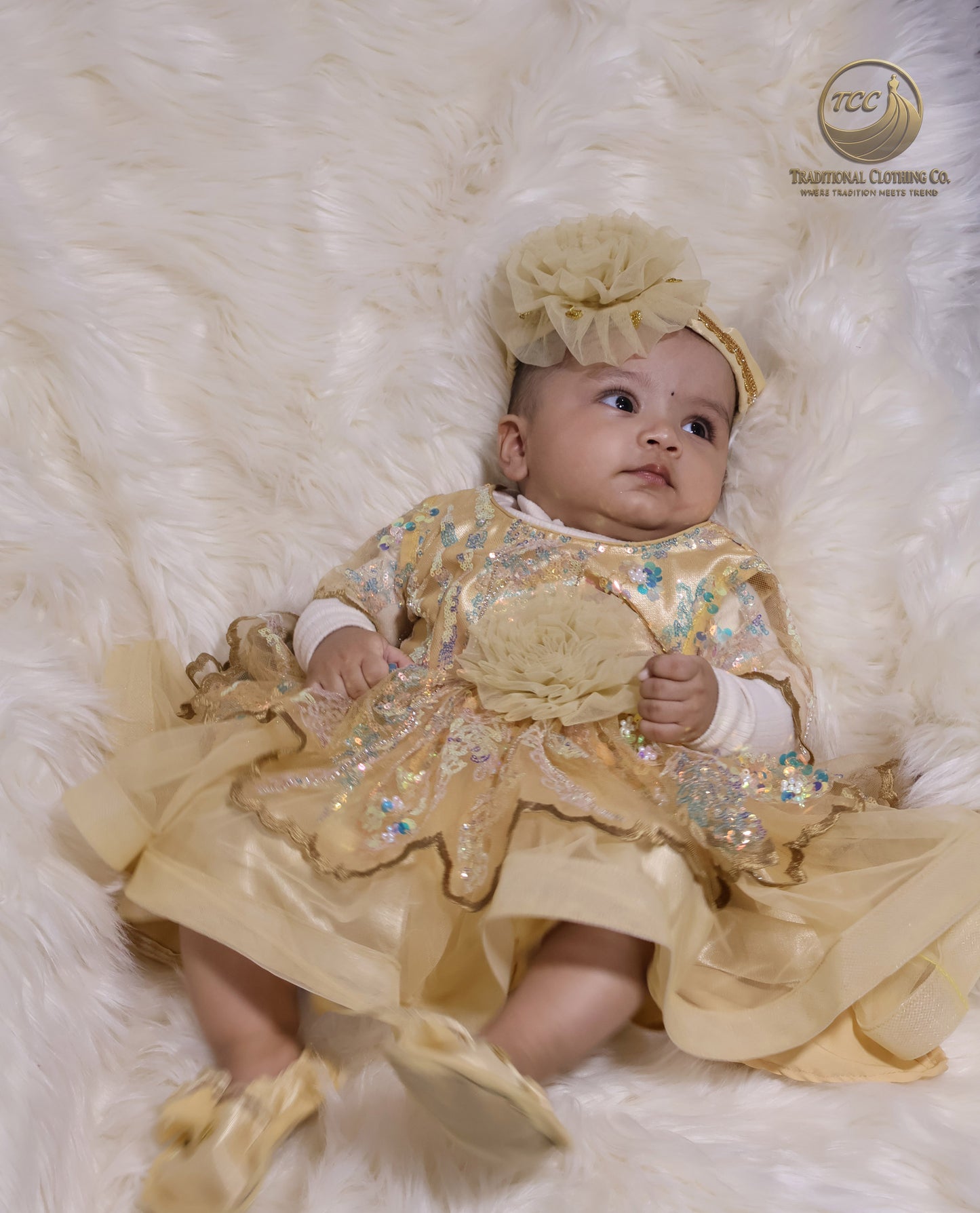 Luxury Golden Baby Dress with Sparkling Sequins & Layered Tulle – Boutique Edition