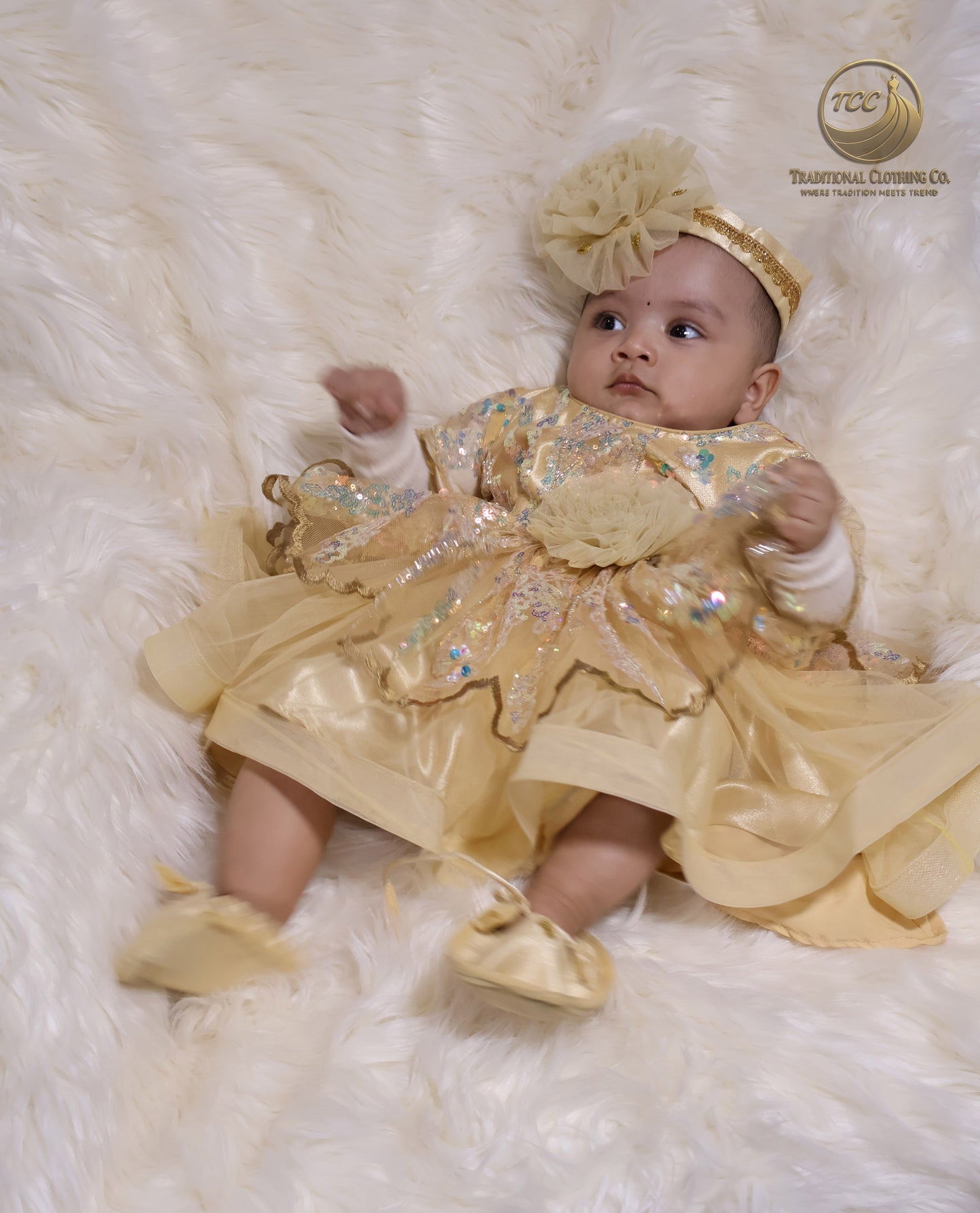 Luxury Golden Baby Dress with Sparkling Sequins & Layered Tulle – Boutique Edition