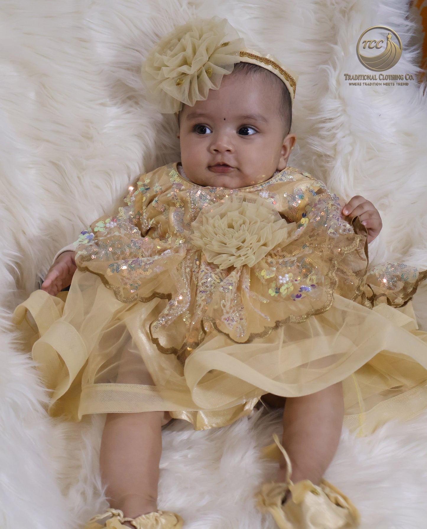Luxury Golden Baby Dress with Sparkling Sequins & Layered Tulle – Boutique Edition
