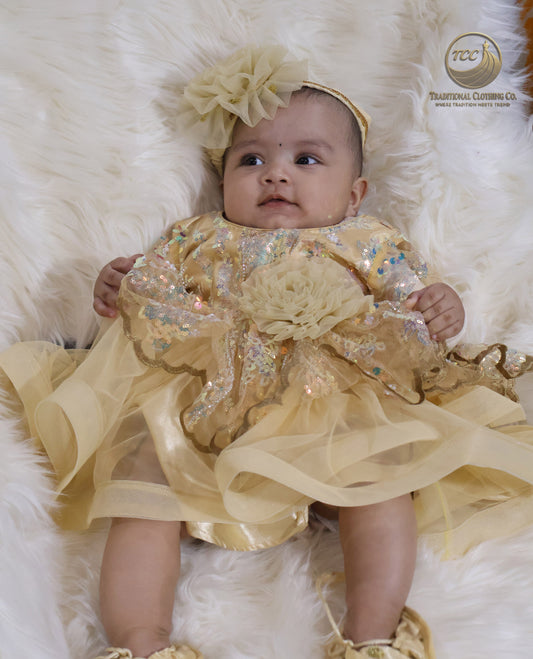 Luxury Golden Baby Dress with Sparkling Sequins & Layered Tulle – Boutique Edition