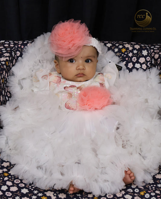 Elegant White Baby Dress with Pink Floral Accent – Special Occasion Wear