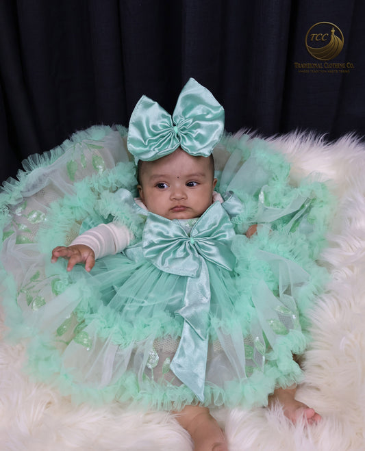 Elegant Mint Green Baby Dress with Layered Tulle & Satin Bow – Special Occasion Wear