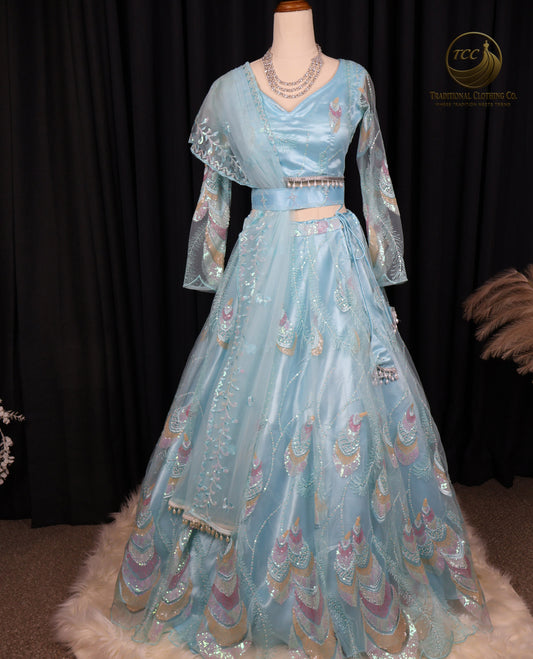 Elegant Light Blue Lehenga Choli with Intricate Peacock Embroidery – Traditional Festive Wear