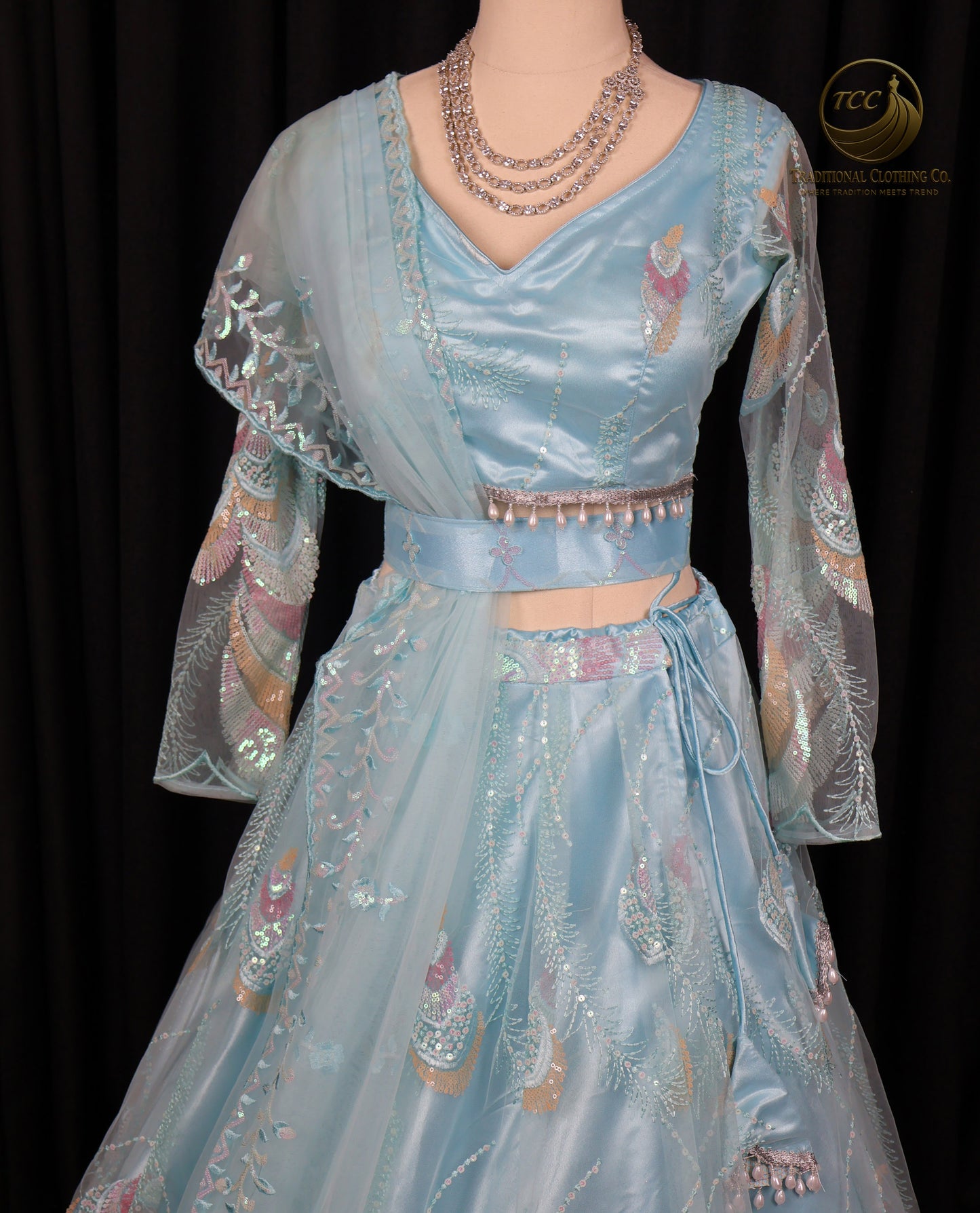 Elegant Light Blue Lehenga Choli with Intricate Peacock Embroidery – Traditional Festive Wear