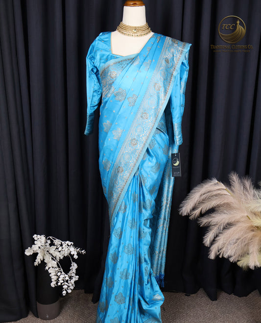 Elegant Blue Handwork Saree with Intricate Silver Stonework – Traditional Festive & Occasion Wear | Ready to wear - Boutique Edition