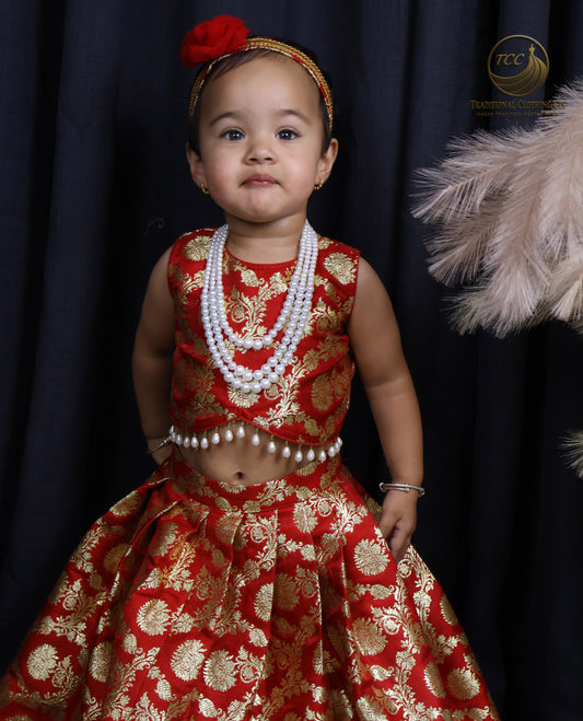 Traditional Red & Gold Brocade Lehenga Choli for Kids – Festive & Wedding Wear
