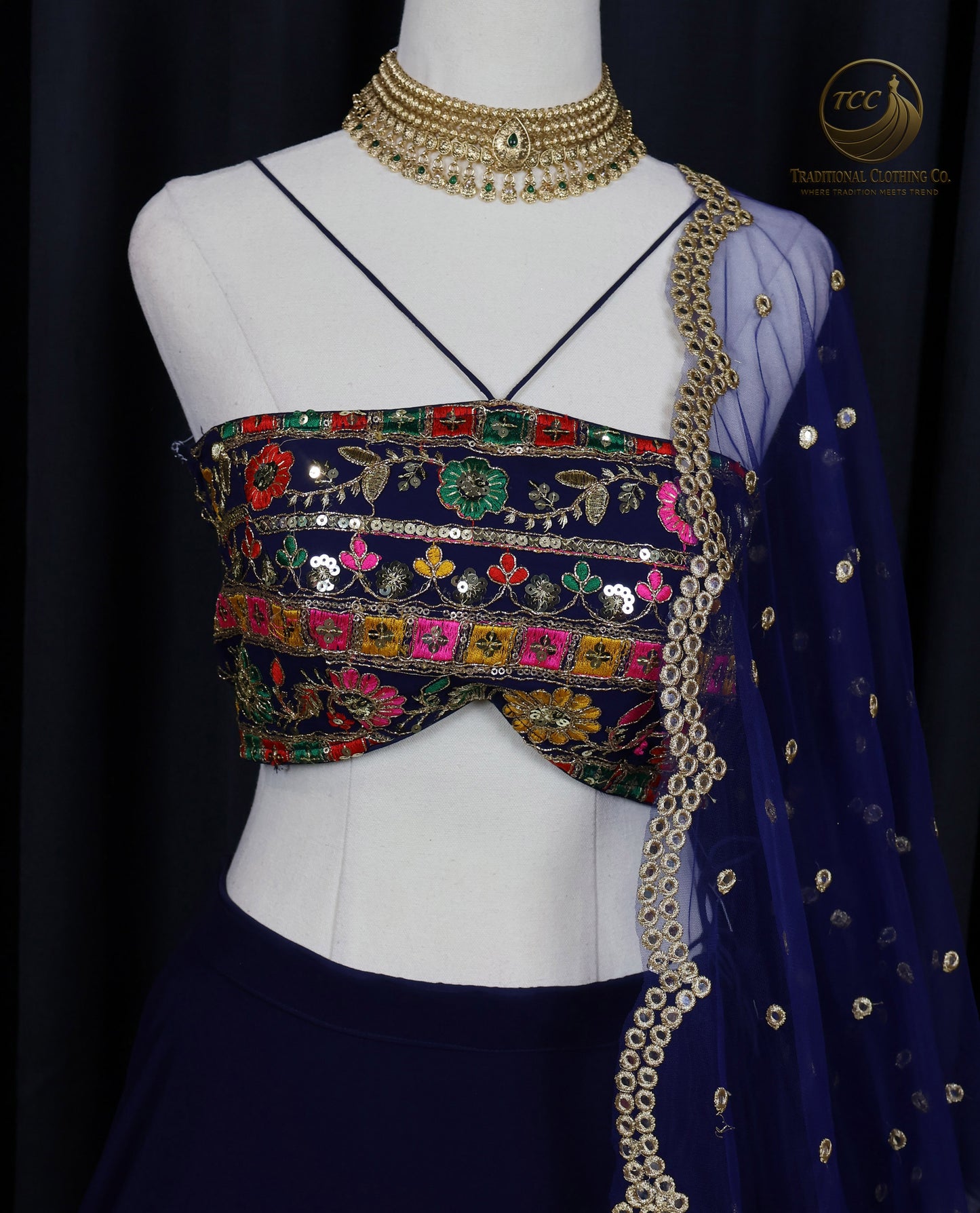 Deep Blue Lehenga Choli sequinned with Gold Embroidery – Elegant Festive & Wedding Wear