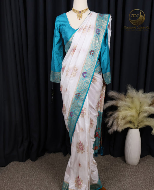 Elegant White Saree with Turquoise Tropical Teal Floral Embroidery – Traditional Festive Wear | Ready to Wear - Boutique Edition