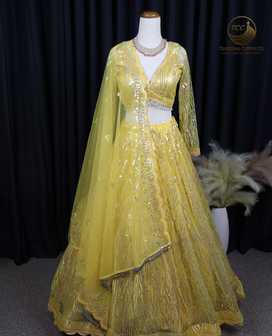 Elegant Yellow Sequin Embroidered Lehenga Choli – Traditional Festive Wear