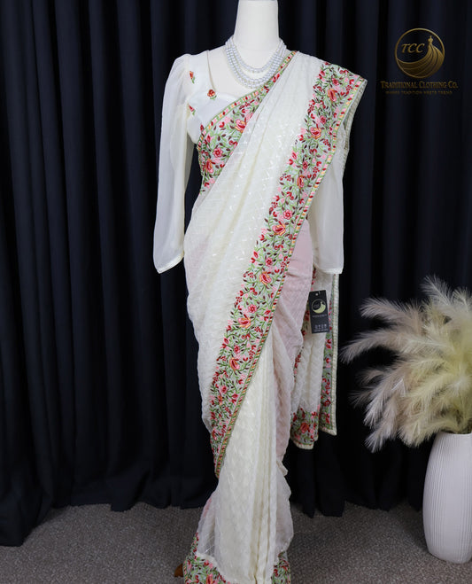 White Floral Embroidered Sequin Saree – Elegant Traditional Festive Wear | Ready to Wear - Boitique Edition