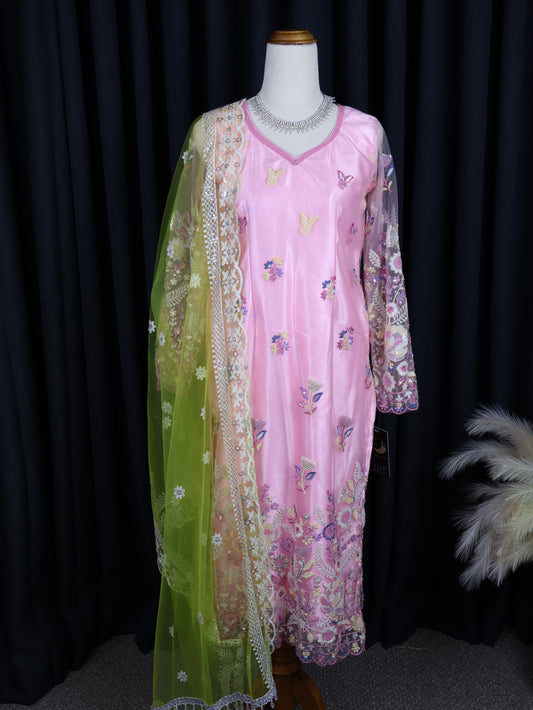 Pink Floral Embroidered Boutique kurti set with Yellow-Green Dupatta | Boutique Edition