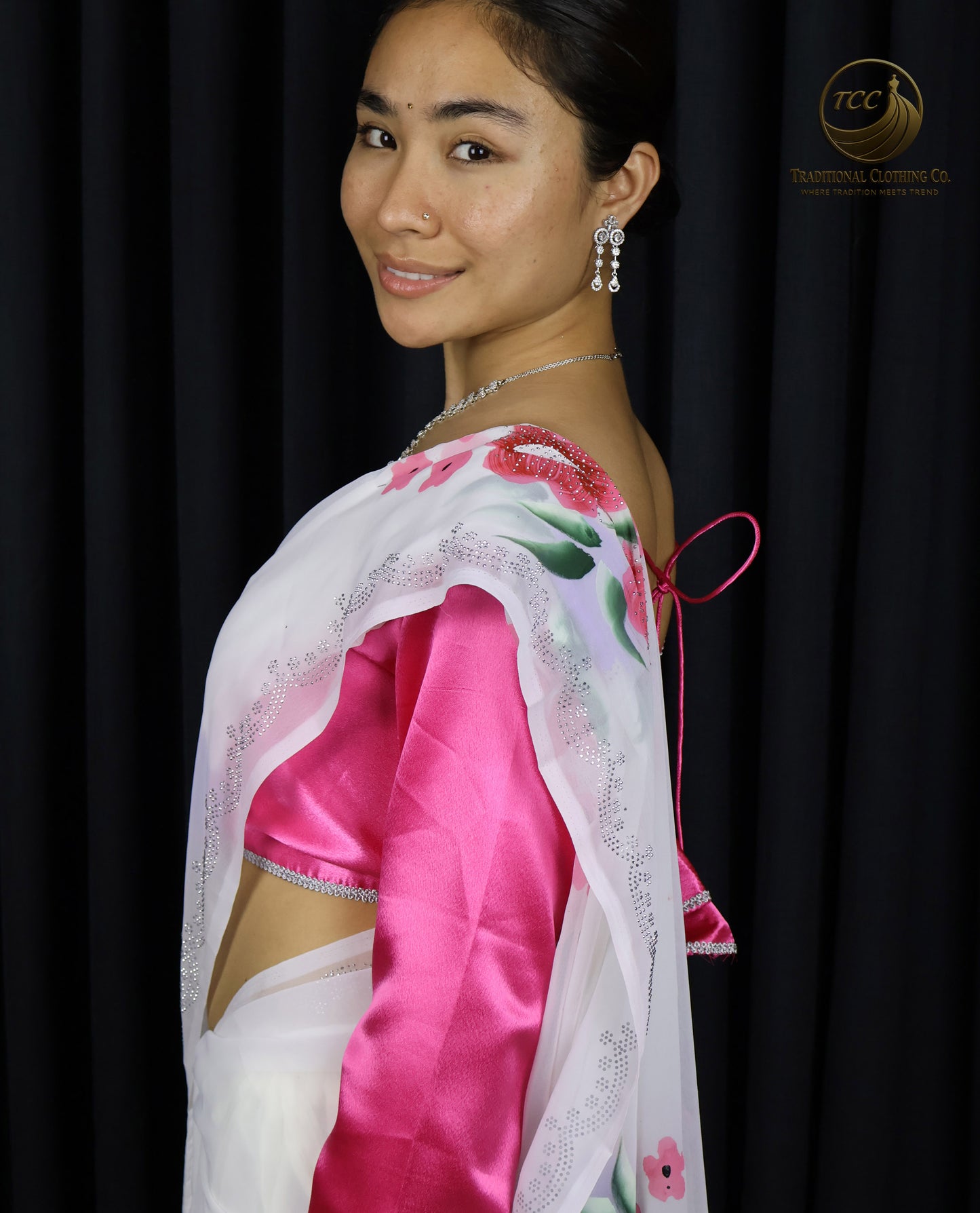 White Floral Embroidered Saree with Pink Blouse – Elegant Traditional Wear