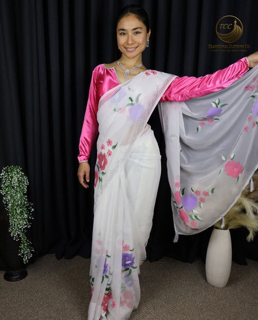 White Floral Embroidered Saree with Pink Blouse – Elegant Traditional Wear