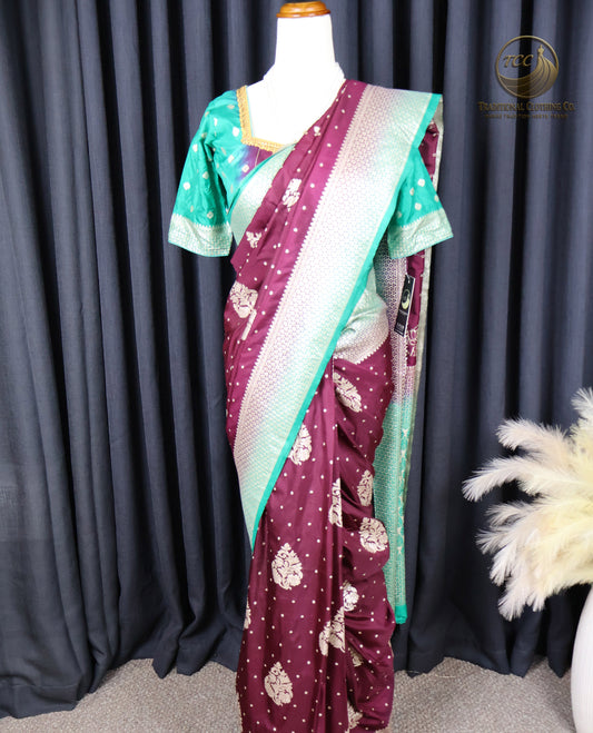 Maroon and Green Floral Embroidered Ready to wear Saree set – Traditional Festive Wear | Boutique Edition