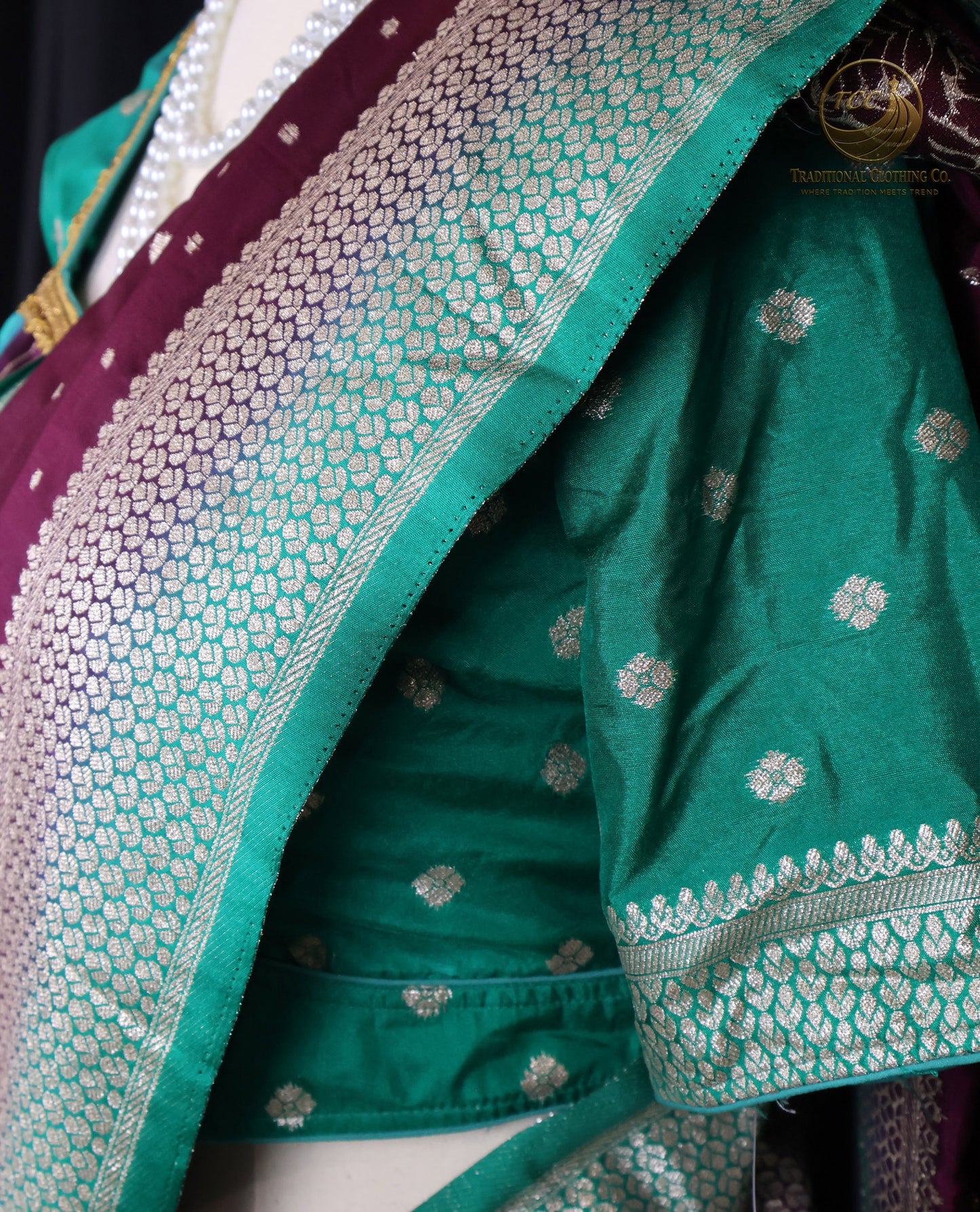 Maroon and Green Floral Embroidered Ready to wear Saree set – Traditional Festive Wear | Boutique Edition