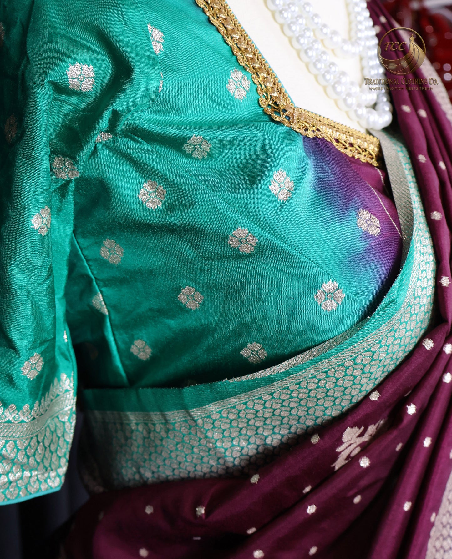 Maroon and Green Floral Embroidered Ready to wear Saree set – Traditional Festive Wear | Boutique Edition