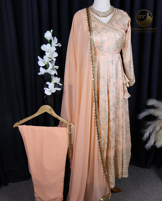 Peach Anarkali Set with Golden Embriodery with Dupatta and matching pant – Elegant Traditional Wear | Boutique Edition