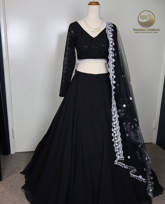 Black Embroidered Lehenga Choli with Sheer Dupatta – Timeless Traditional Wear
