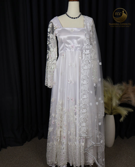 White Lace Embroidered Gown with Sheer Sleeves – Elegant Traditional Wear | Boutique edition