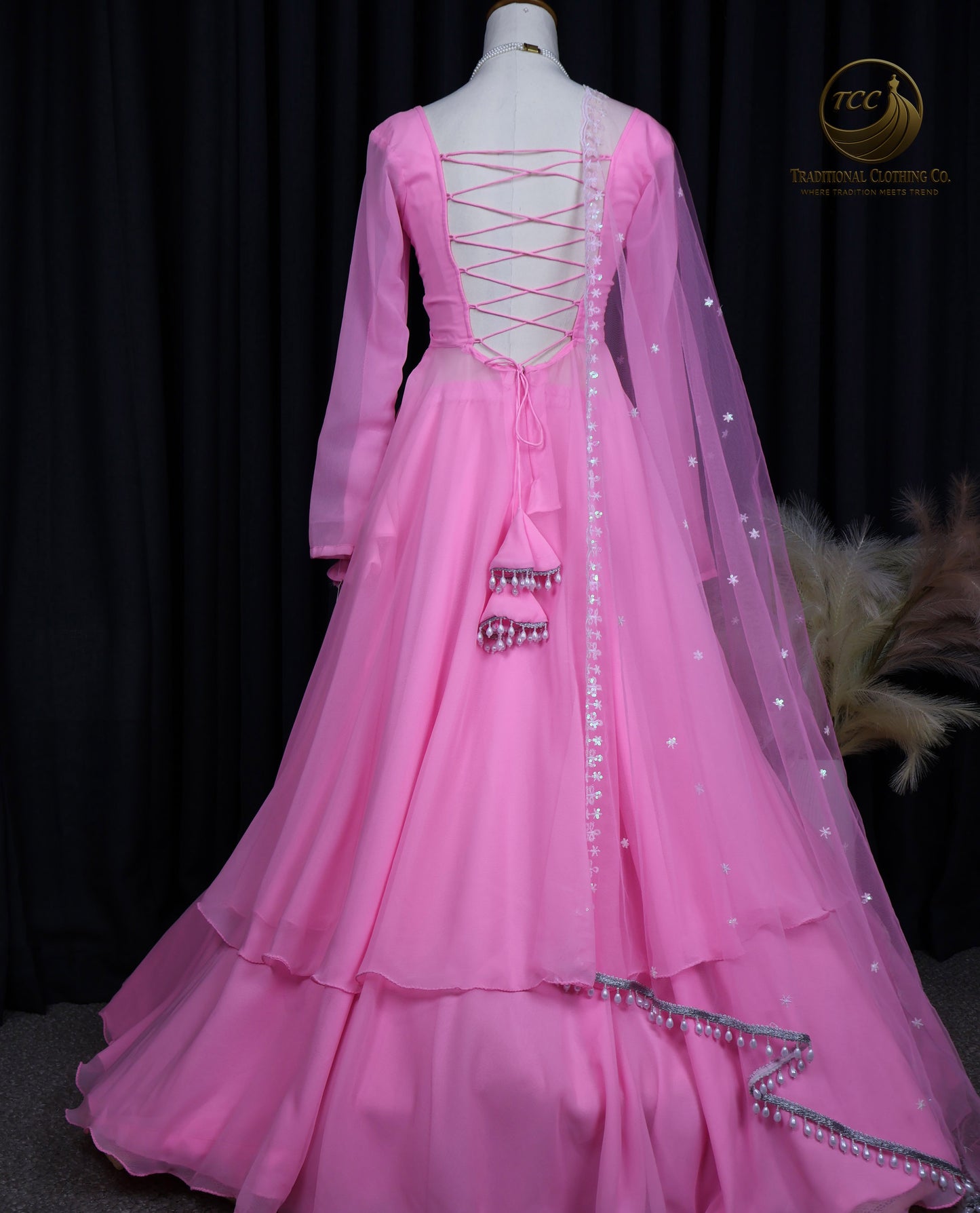 Pink Layered Lehenga Choli with Sheer Dupatta – Elegant Traditional Wear