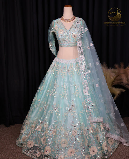 Light Blue Embroidered Lehenga Choli with Sheer Dupatta – Elegant Traditional Wear